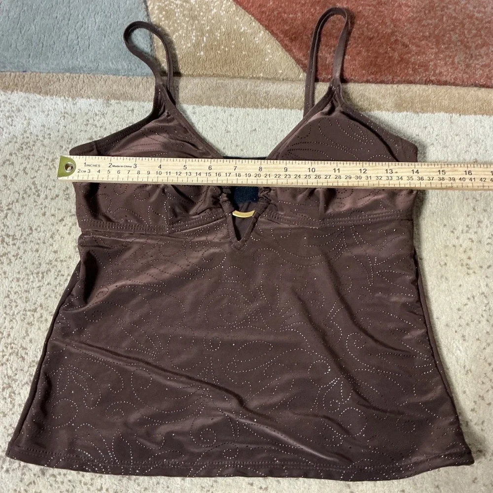 Ocean Dream Glitter Swirl Tankini Swim Top Womens 8 Brown Gold Ring Adjustable